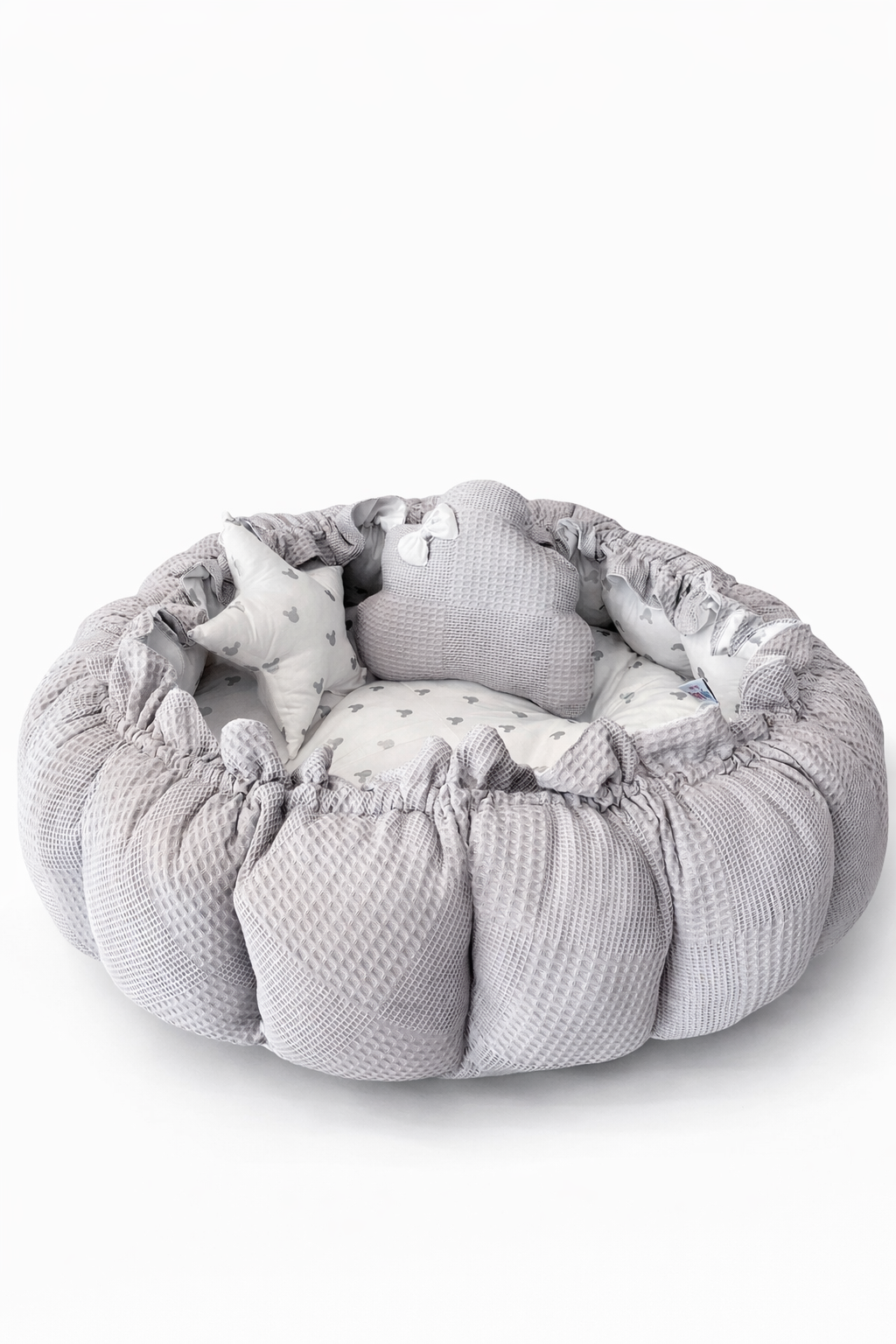 Jaju Baby Gri Pike Kumaş ve Micky Kumaş Tasarım Açılır - Kapanır Oyun Minderi Bebek Yuvası