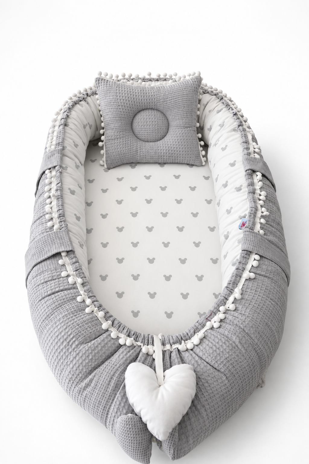 Jaju Baby Gri Waffle Pike Kumaş Micky Tasarım Ponponlu Babynest