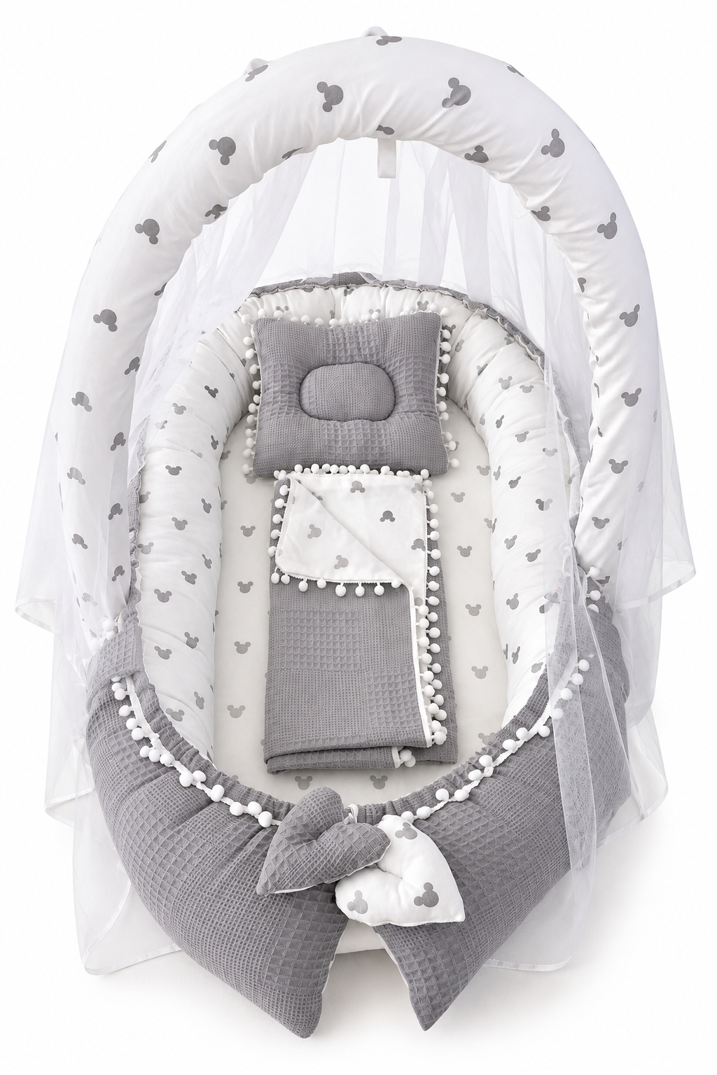 Jaju Baby Gri Wafle Pike Kumaş Micky Tasarım Ponponlu Babynest ve Yorgan Oyuncak Aparat ve Tül Set