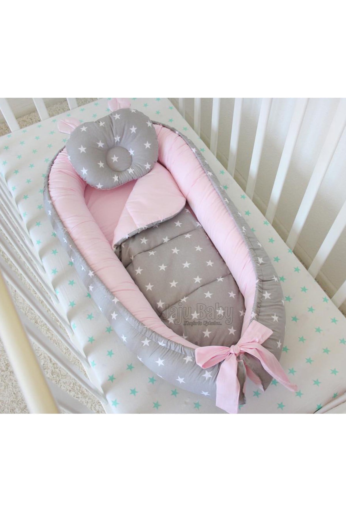 Jaju Baby Gri Yıldız Pudra Kombin Lüx Ortopedik Babynest 100x60cm
