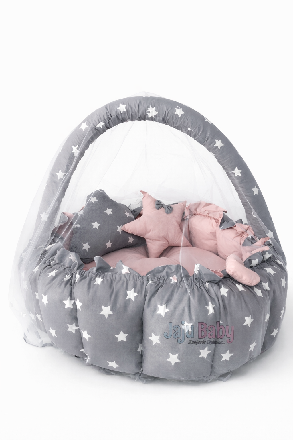 Jaju Baby Gri Yıldız Pudra Tasarım Lüx Oyun Minderi Babynest Cibinlik Tül Oyuncak Aparat Set