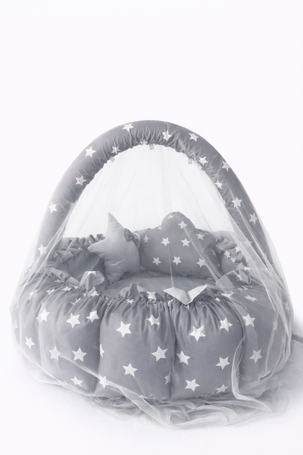 Jaju Baby Gri Yıldızlı Açılır - Kapanır Oyun Minderi Cibinlik Aparatlı Babynest