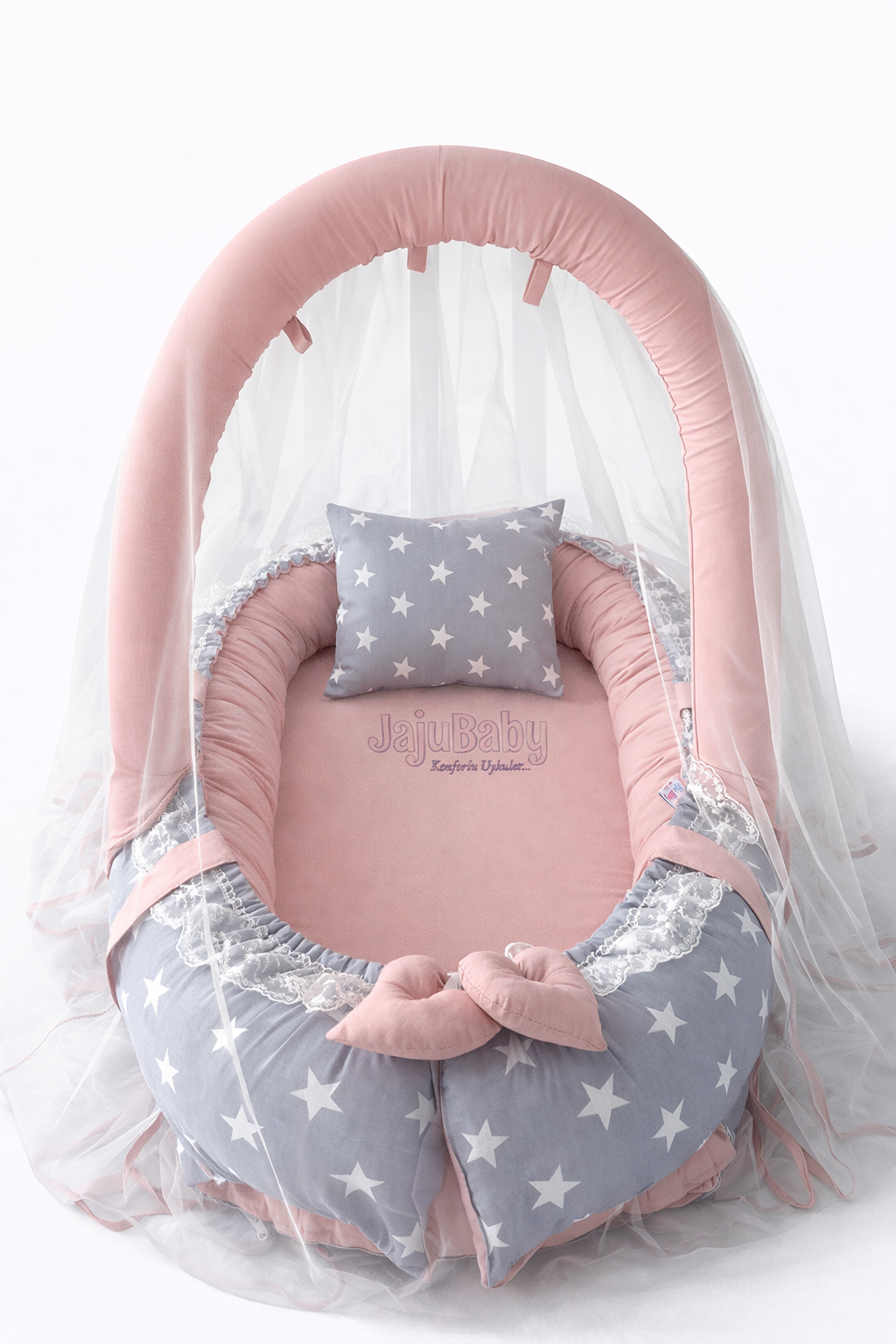 Jaju Baby Gri Yıldızlı Pudra Cibinlik ve Oyuncak Askılı Lüx Tasarım Babynest