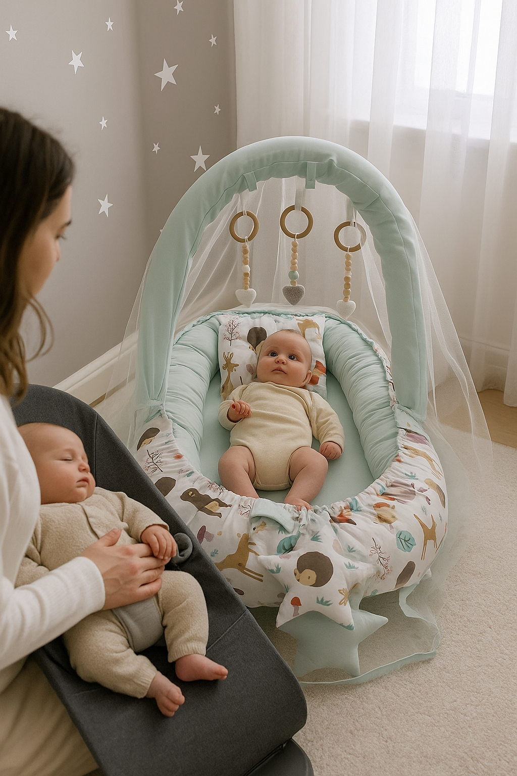Jaju Baby Gri Zigzaglı Cibinlik ve Oyuncak Askılı Lüx Tasarım Babynest