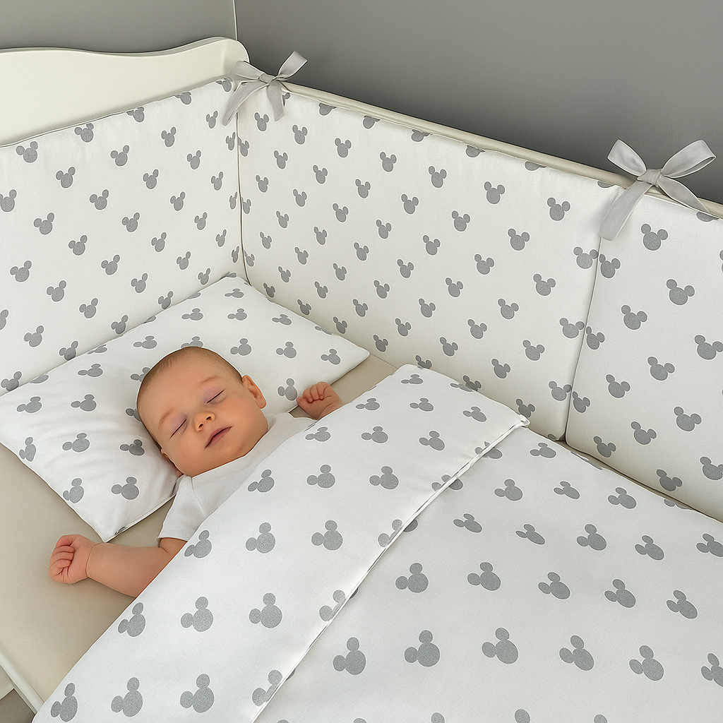 Jaju Baby Gümüş Mickey Desenli Bebek Nevresim Takımı ve Kenar Koruma