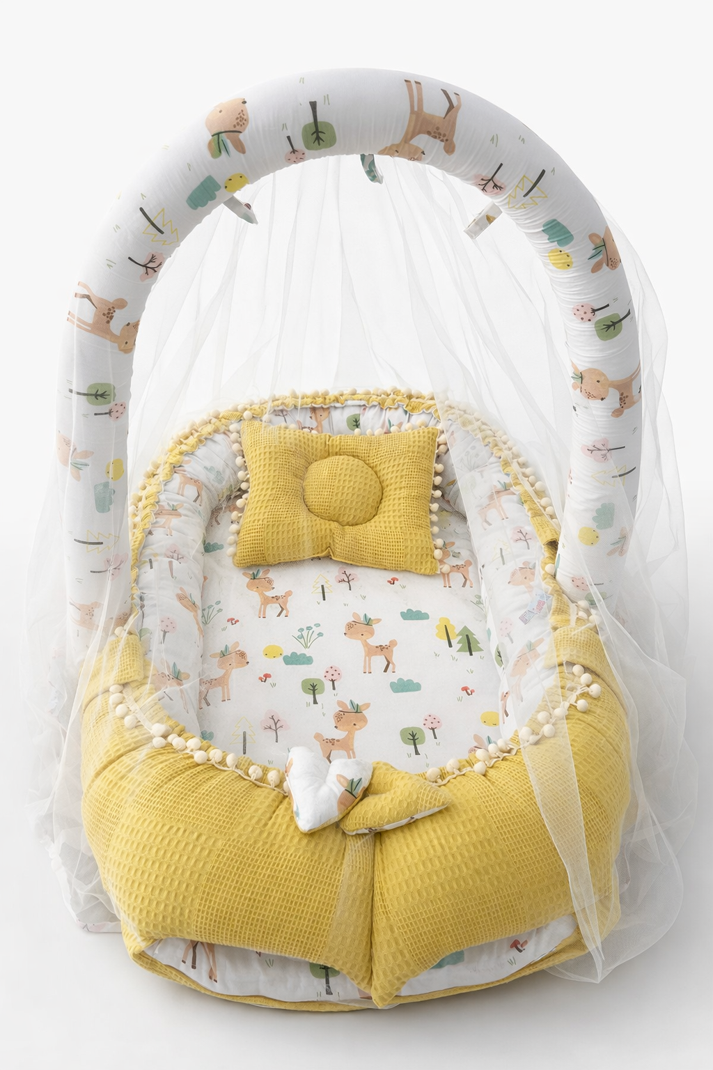 Jaju Baby Hardal Sarı Waffle Pike Kumaş Ceylan Tasarım Ponponlu Oyuncak Aparat ve Tül Babynest Set 