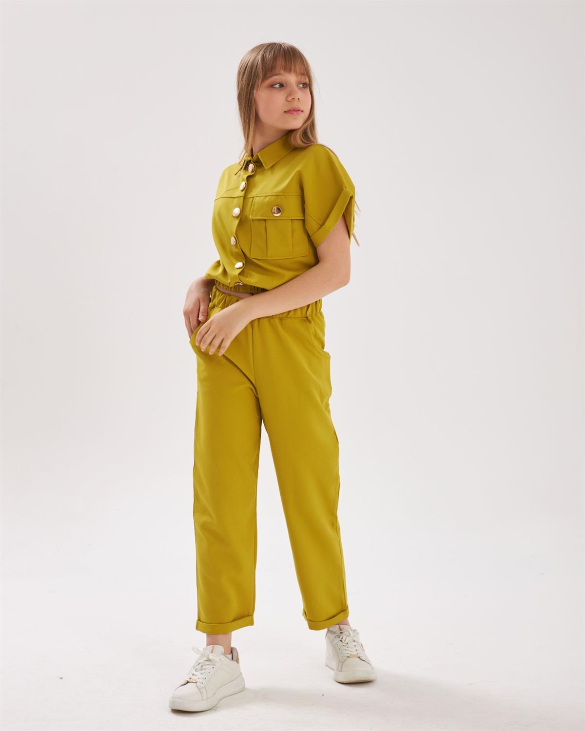 Jaju Baby Hilal Akıncı Gold Düğmeli Yarım Kol Haki Kız Çocuk Alt Üst Takım