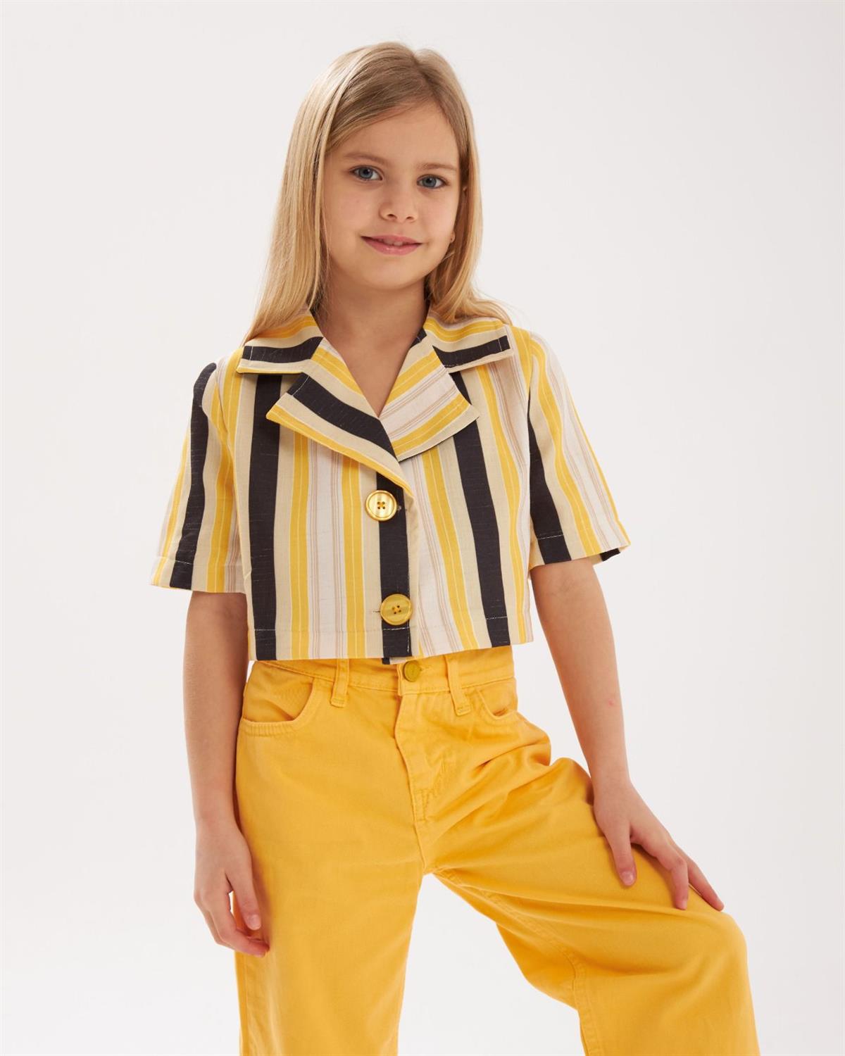 Jaju Baby Hilal Akıncı Sarı Çizgili Gömlek & Pantolon Alt Üst Kız Çocuk Takım