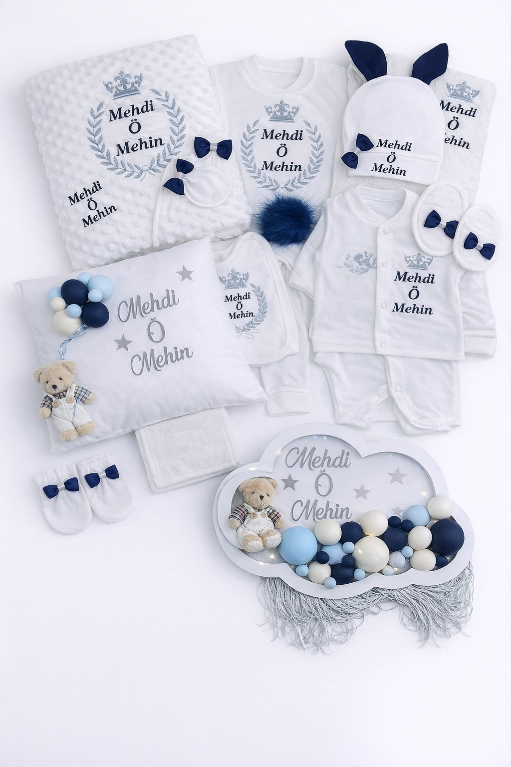 Jaju Baby İsim İşlemeli Lacivert Beyaz Kombineli Bebek Yeni Doğan Set 