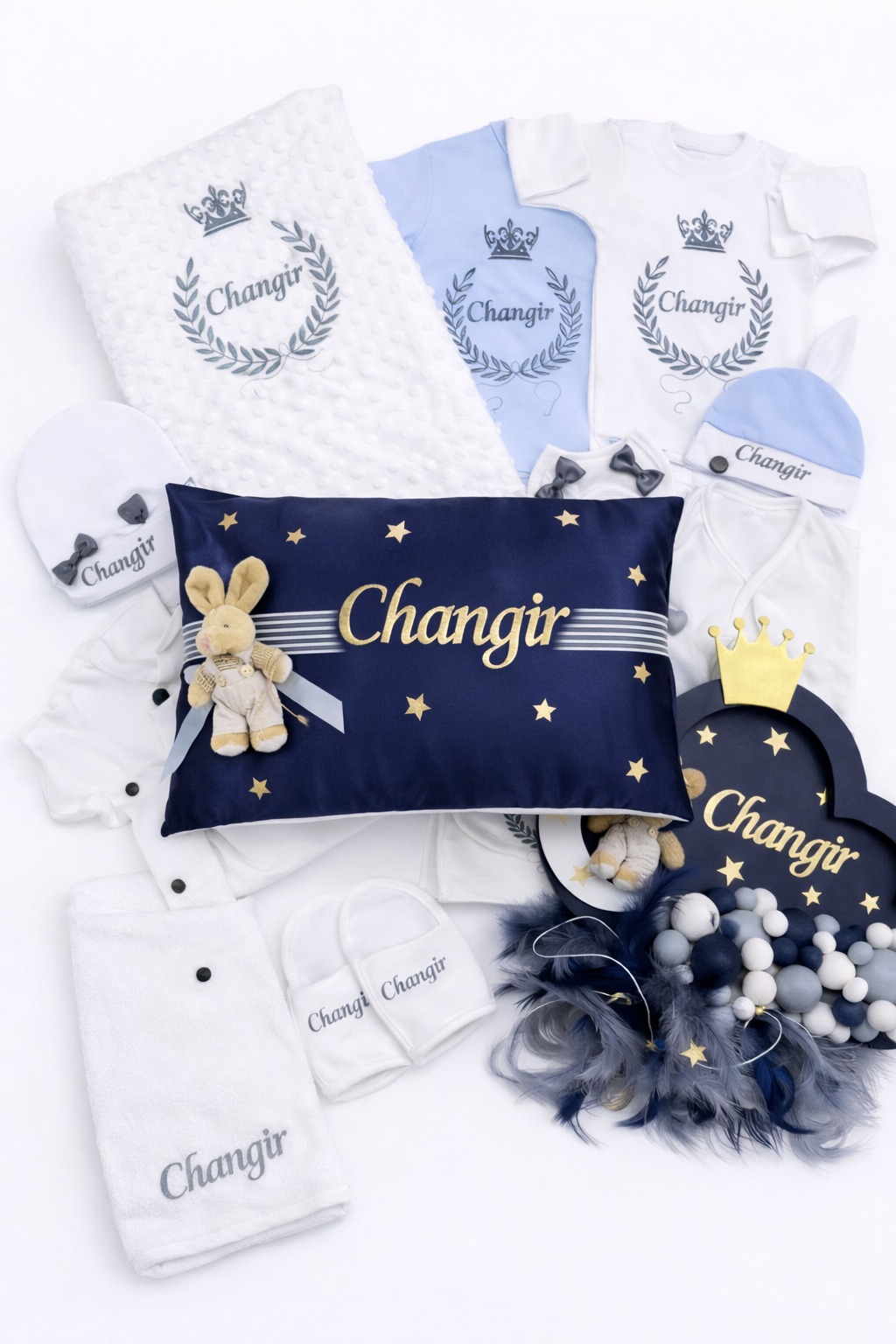 Jaju Baby İsim İşlemeli Lacivert Tavşanlı Bebek Yeni Doğan Led Işıklı Set 