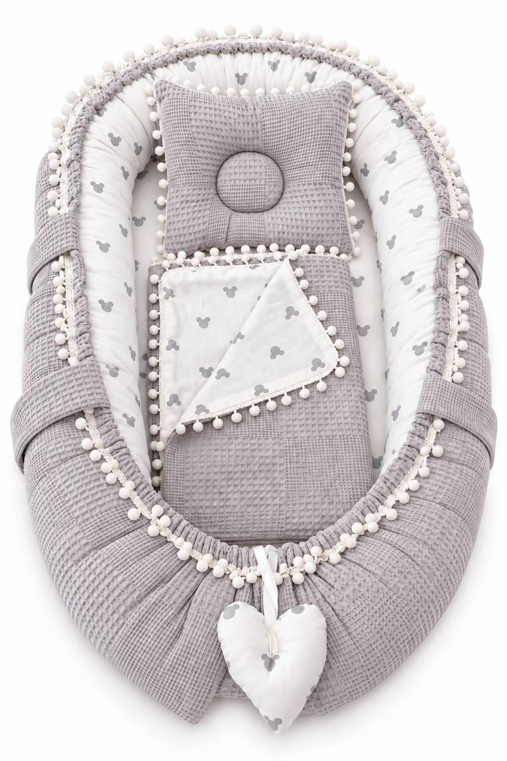 Jaju Baby Jaju Baby Gri Wafle Pike Kumaş Micky Tasarım Ponponlu 3'lü Babynest Set