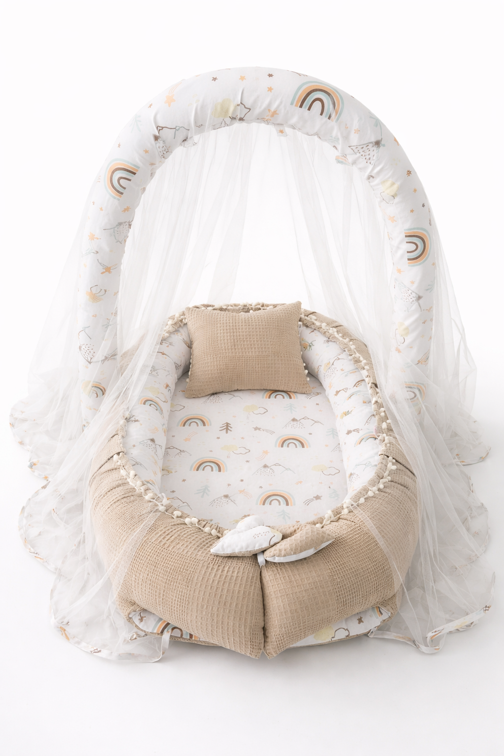 Jaju Baby Kahve Pike Kumaş Kombineli Ponponlu Oyuncak Aparat ve Tül Babynest Set 