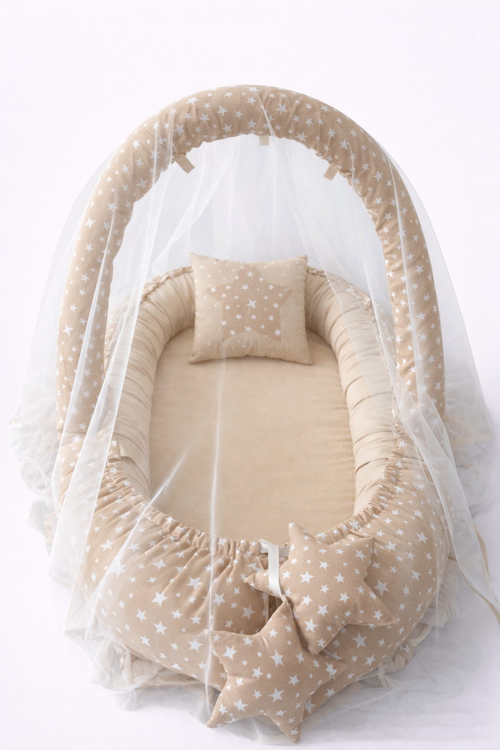 Jaju Baby Kahve Yıldız Cibinlik ve Oyuncak Askılı Lüx Tasarım Babynest