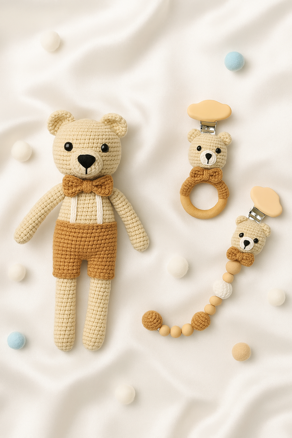 Jaju Baby Kahverengi Ayıcık Set Amigurumi Oyuncak 22 cm Çıngırak ve Emzik Zinciri Üçlü Set