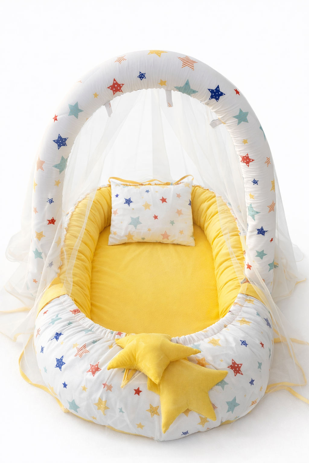 Jaju Baby Karışık Yıldızlı Sarı Cibinlik ve Oyuncak Askılı Lüx Tasarım Babynest