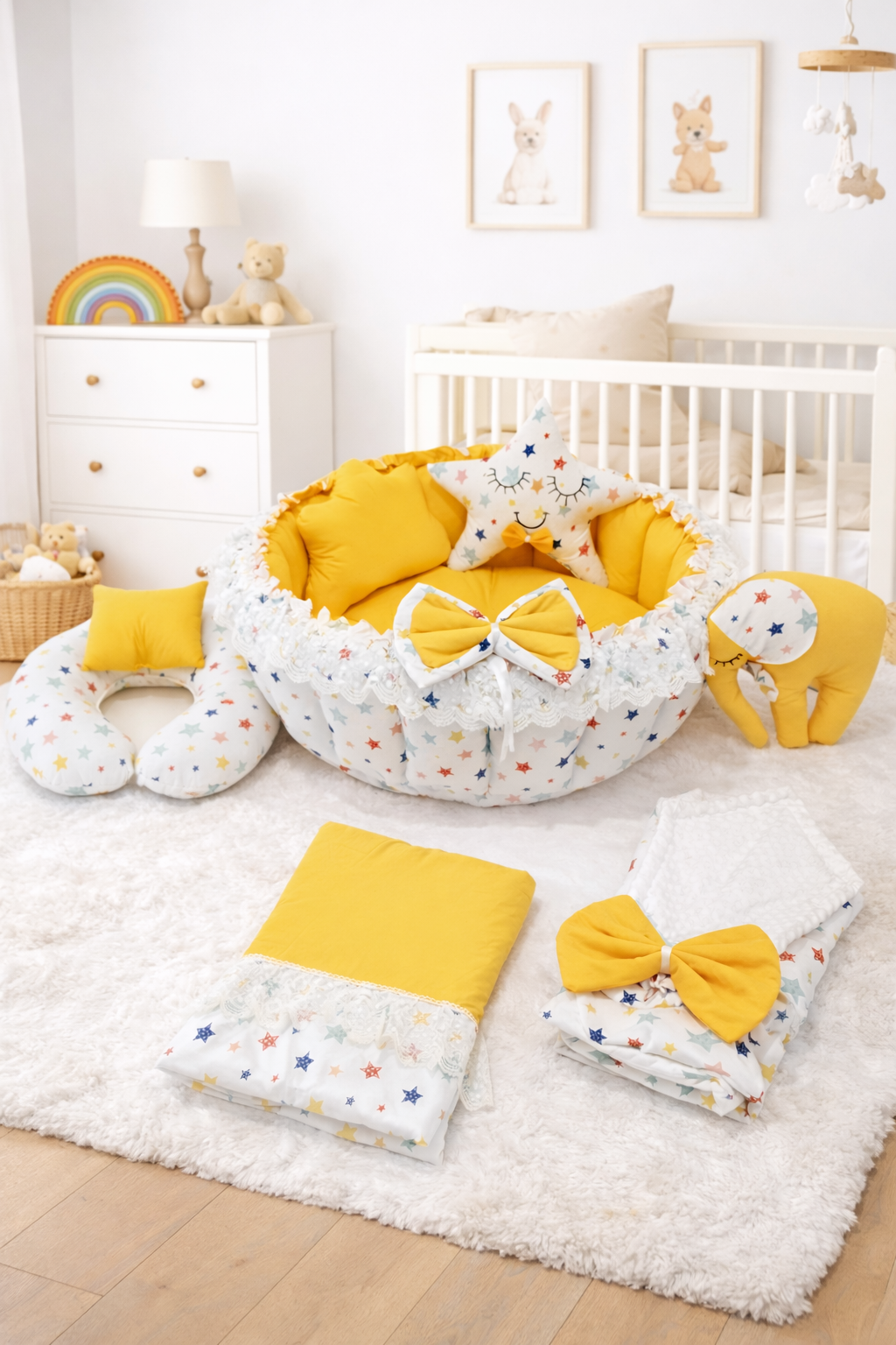 Jaju Baby Karışık Yıldızlı Sarı Tasarım Oyun Minderi 7 Parça Babynest Set
