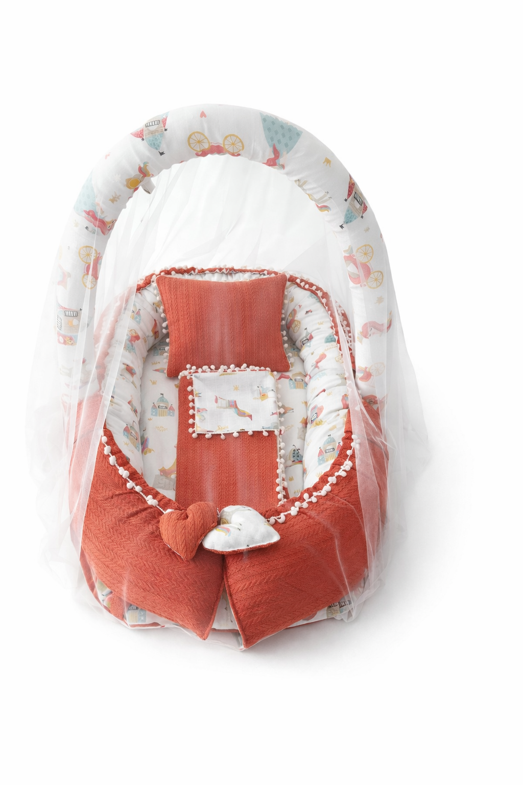 Jaju Baby Kiremit Örgü Kumaş ve Müslin Kumaş Ponponlu Babynest ve Yorgan Oyuncak Aparat ve Tül Set