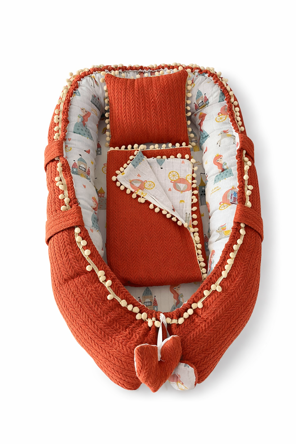 Jaju Baby Kiremit Örgü Pike Kumaş ve Müslin Kumaş Ponponlu 3'lü Babynest Set