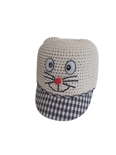 Jaju Baby Kitti 2-6 Yaş Siyah Ekoseli Gülen Kedi Çocuk Hasır Şapka