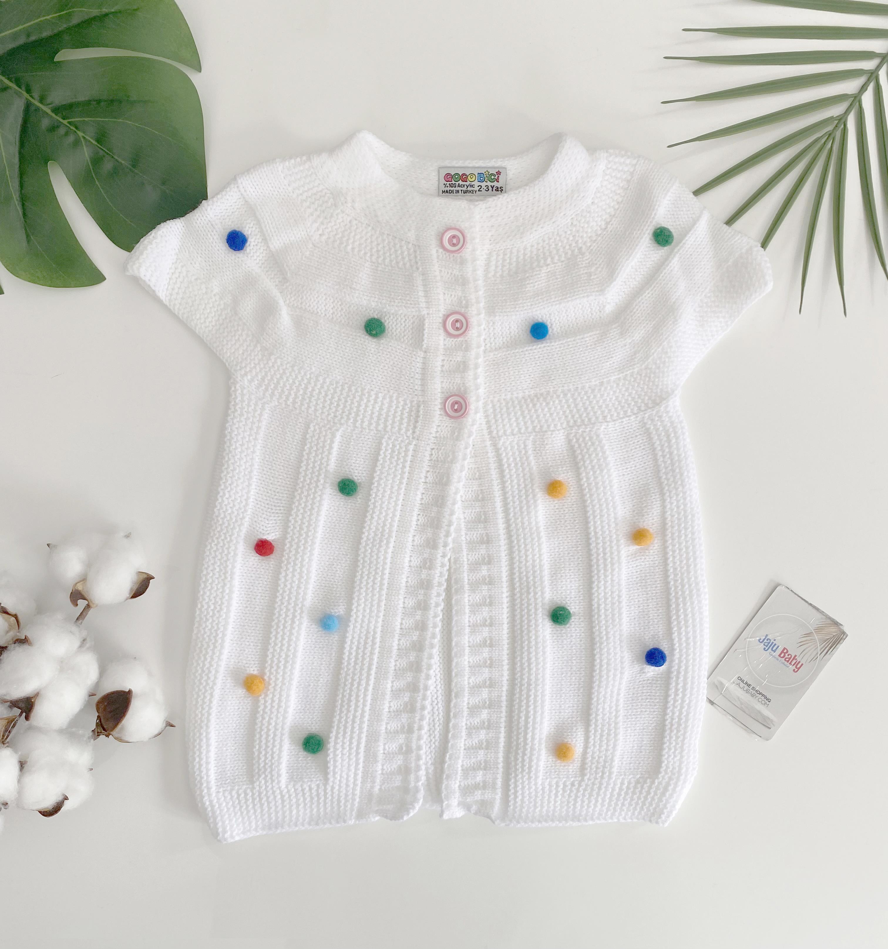 Jaju Baby Kız Bebek Beyaz Renk Ponpon Detaylı Düğmeli Triko Örgü Yelek