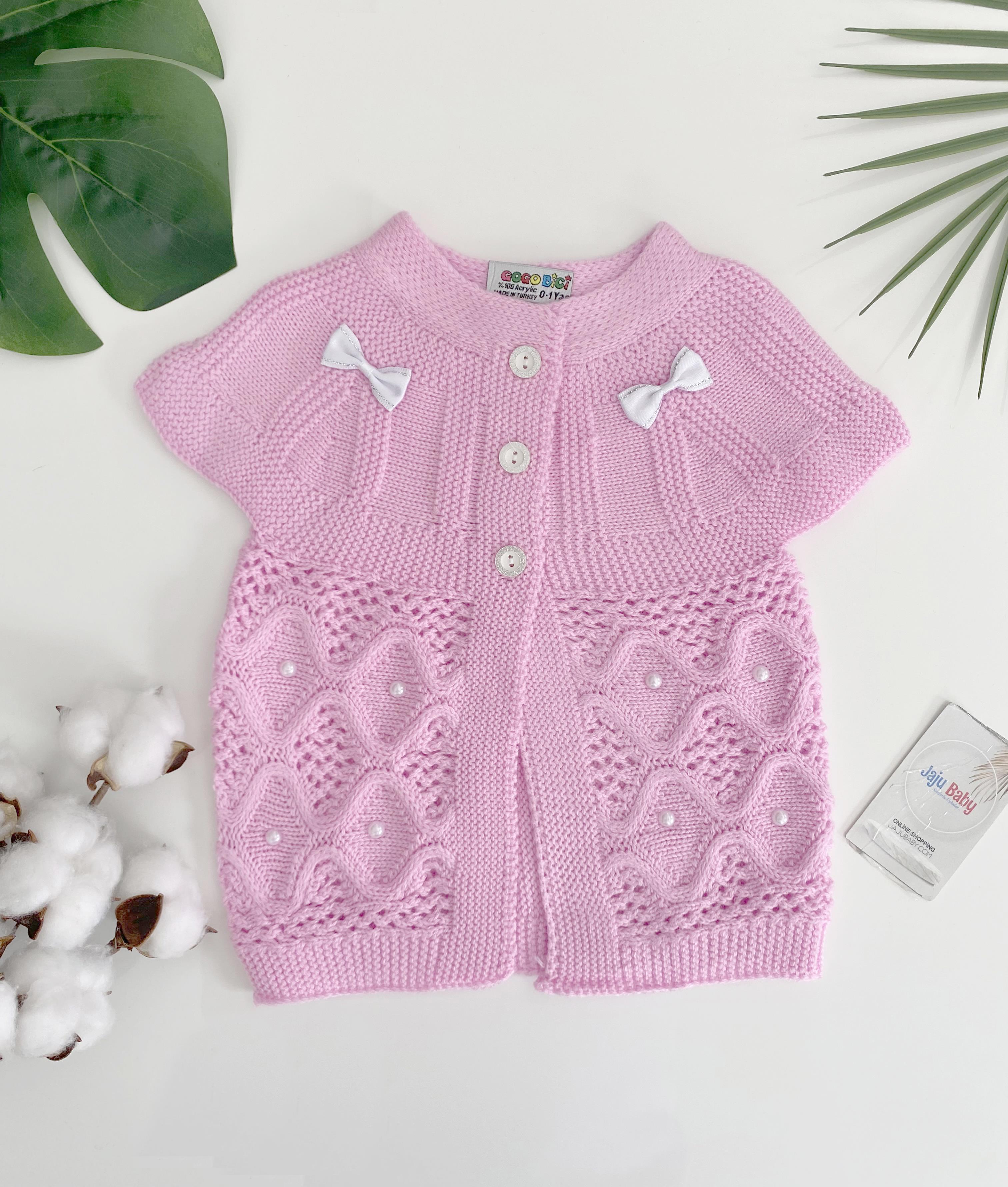 Jaju Baby Kız Bebek Pembe Renk Fiyonk Detaylı Düğmeli Triko Örgü Yelek