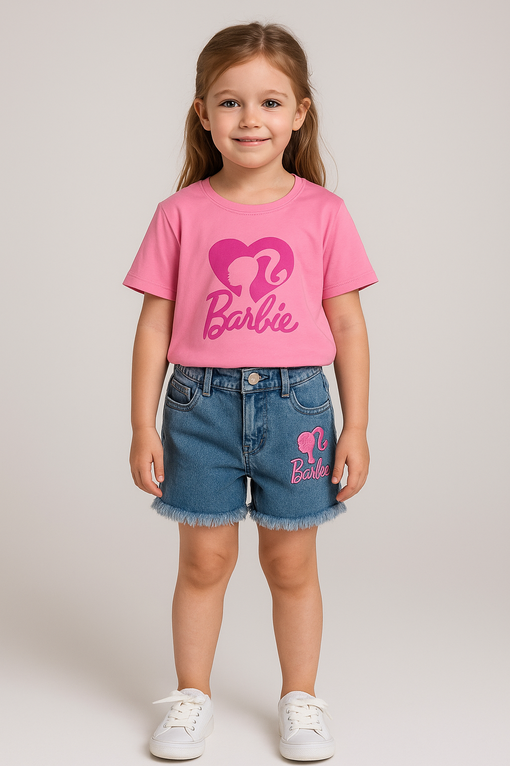 Jaju Baby Kız Çocuk Barbie Kot Şort& T-shirt Takım