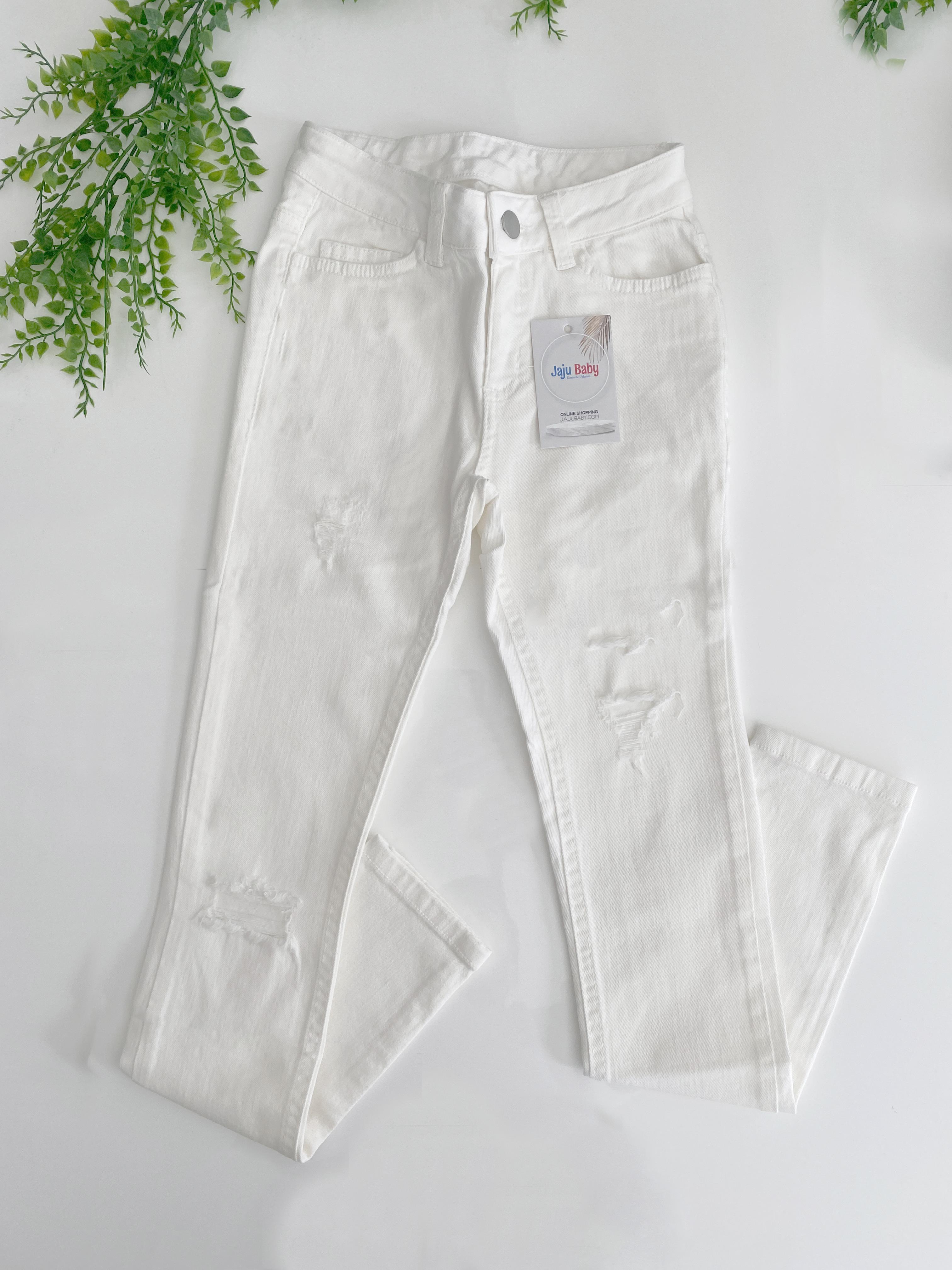 Jaju Baby Kız Çocuk Beyaz Renk Yırtık Detaylı Kot Pantolon