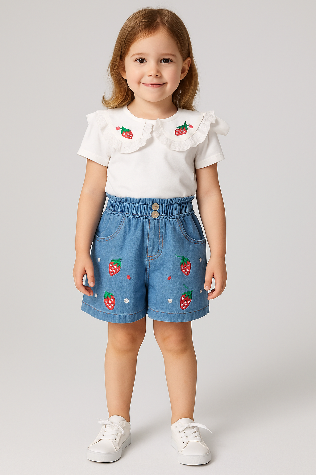 Jaju Baby Kız Çocuk Çilek İşlemeli T-shirt&Kot Şort Takım