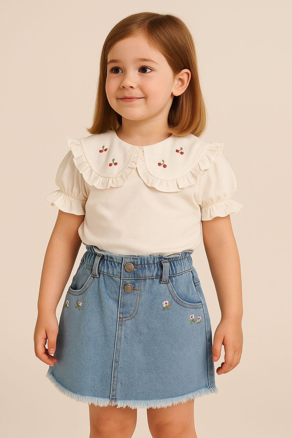 Jaju Baby Kız Çocuk Ekru Çiçek İşlemeli Etek&T-shirt Takım