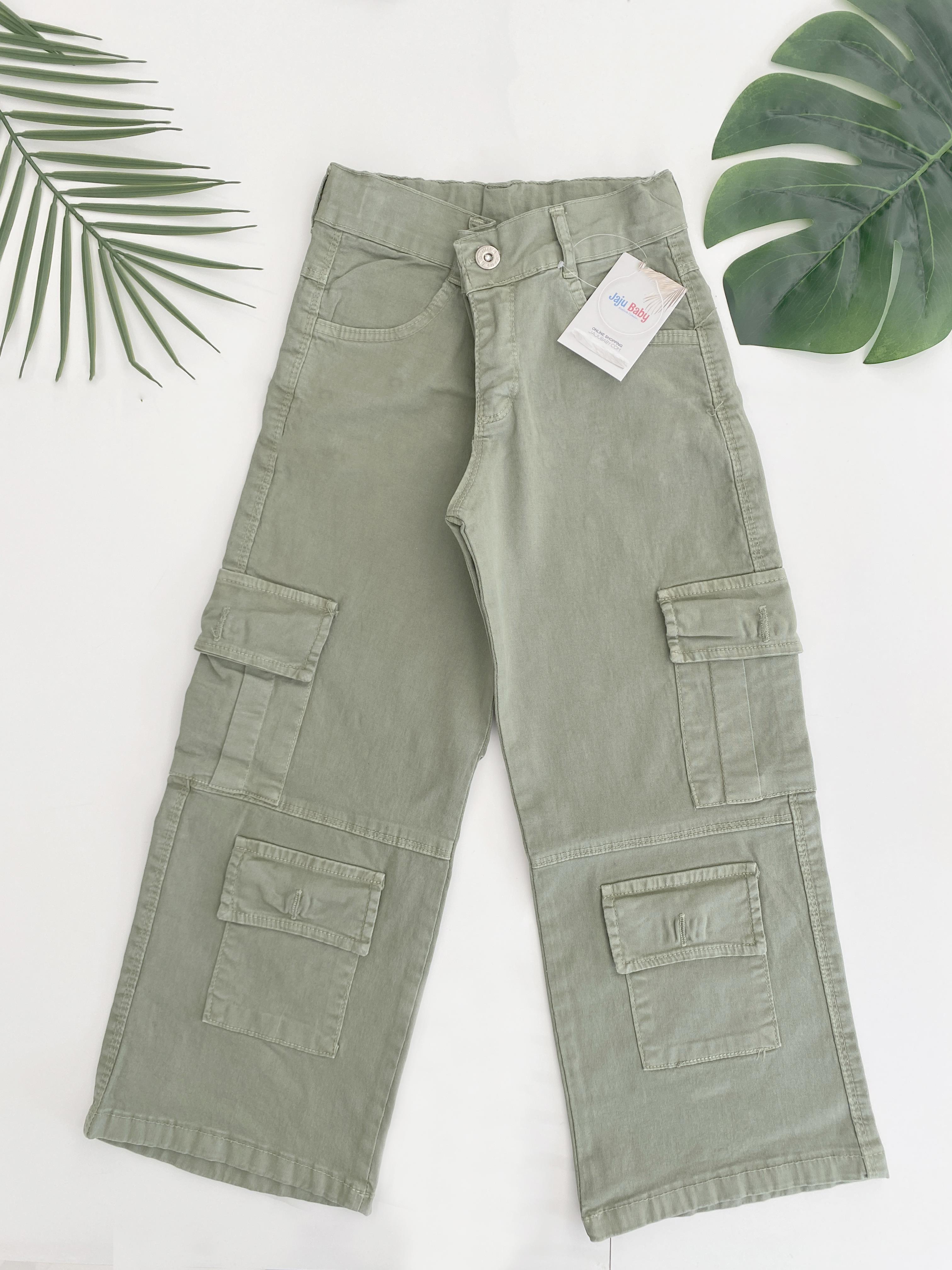 Jaju Baby Kız Çocuk Haki Renk Kargo Cepli Geniş Paça Pantolon