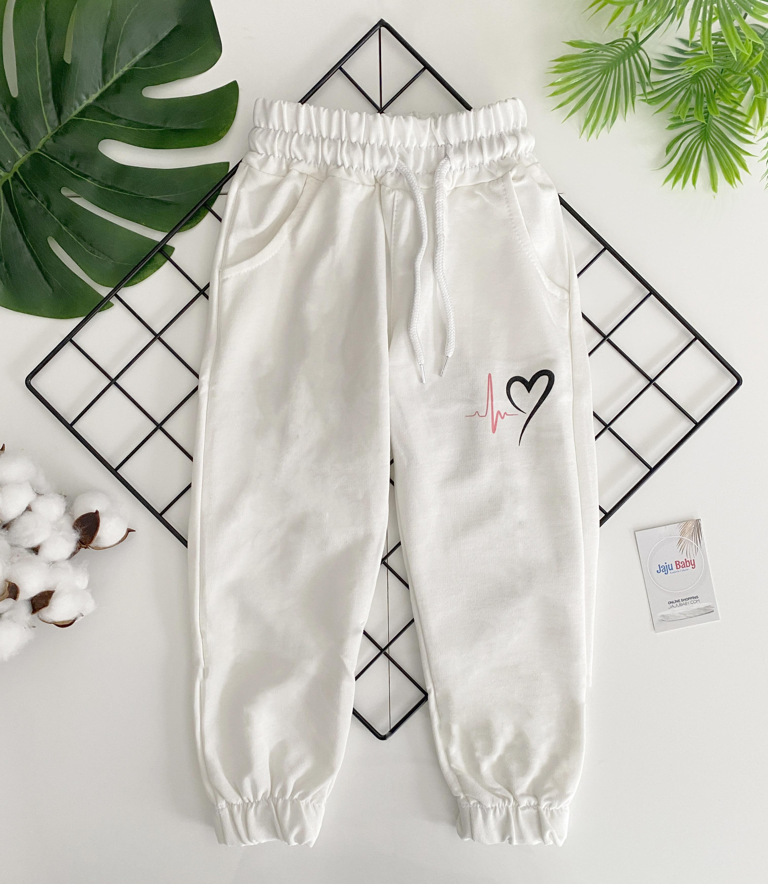 Jaju Baby Kız Çocuk Krem Beli Ve Paçası Lastikli Kalp Desen Eşofman Altı