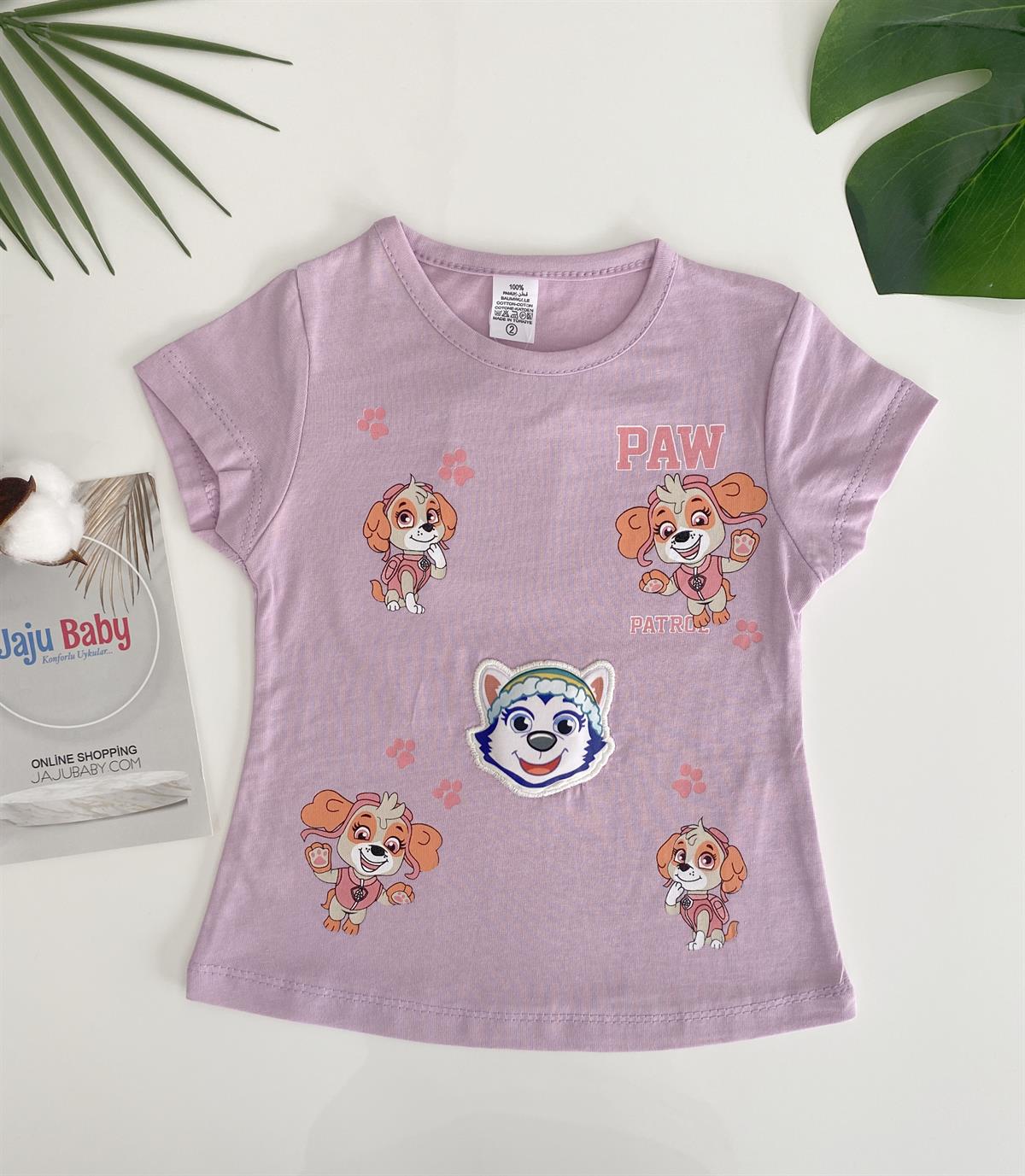 Jaju Baby Kız Çocuk Lila Renk Paw Sevimli Köpek Desenli T-Shirt