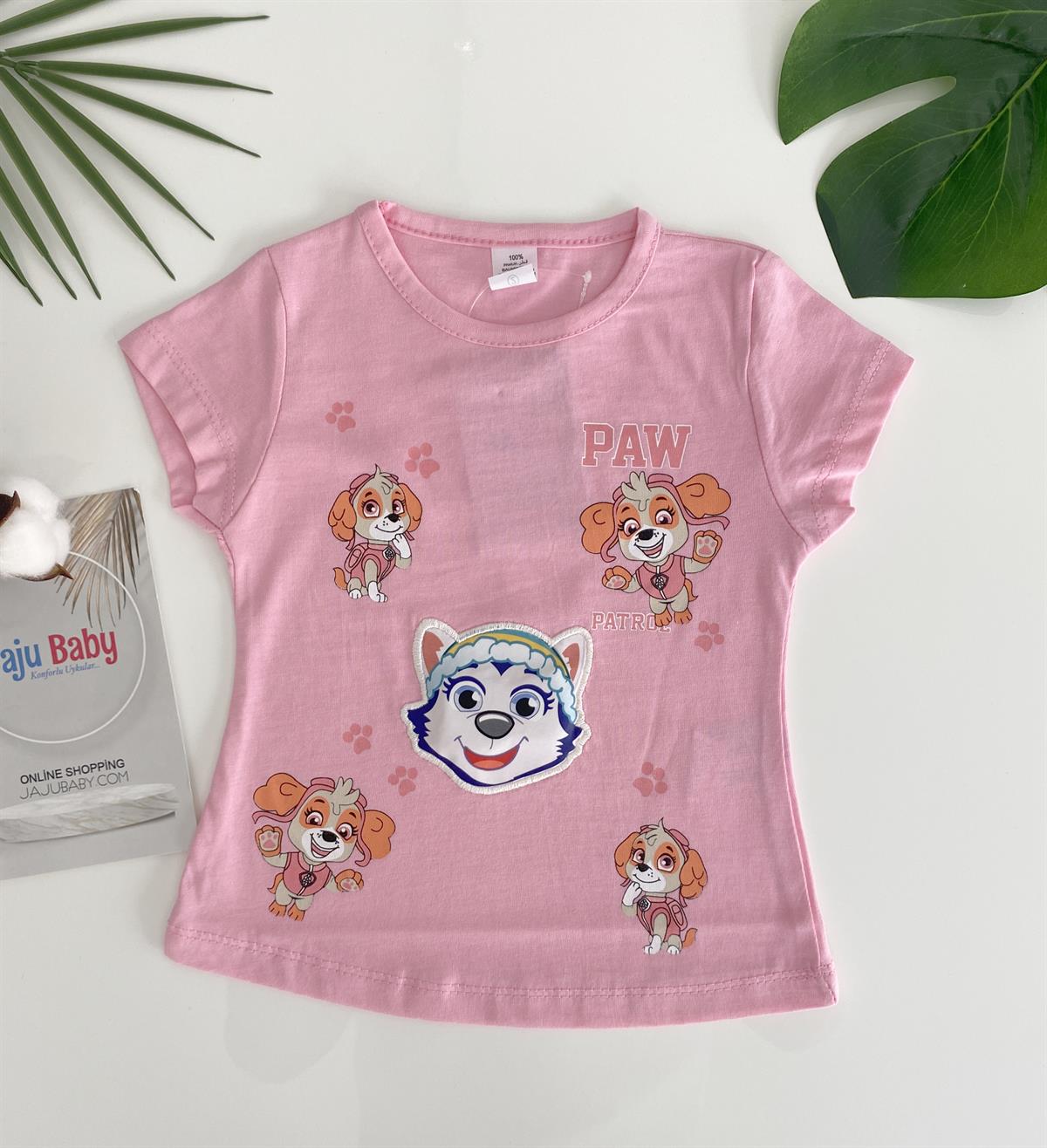 Jaju Baby Kız Çocuk Pembe Renk Paw Sevimli Köpek Desenli T-Shirt