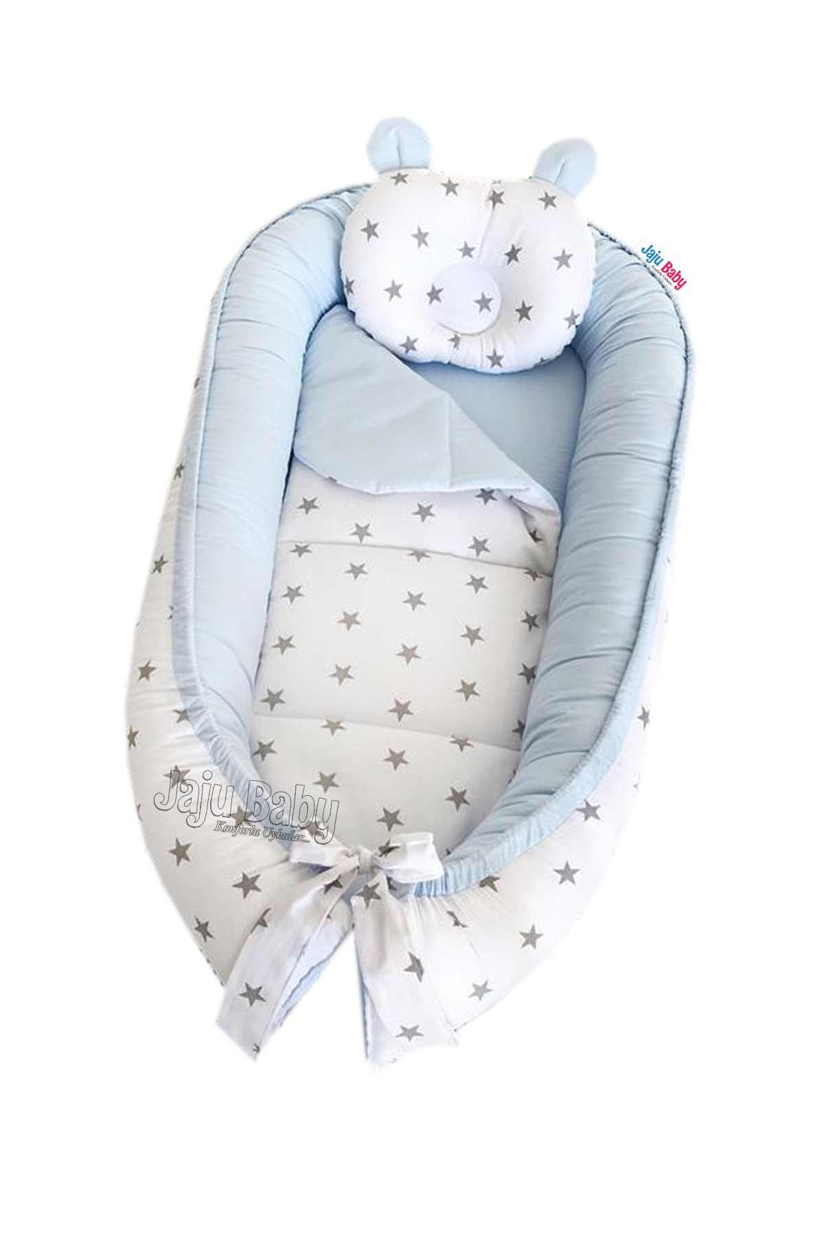 Jaju Baby Mavi - Gri Yıldızlı Lüx Ortopedik Babynest Anne Yanı Portatif  Bebek Yatak