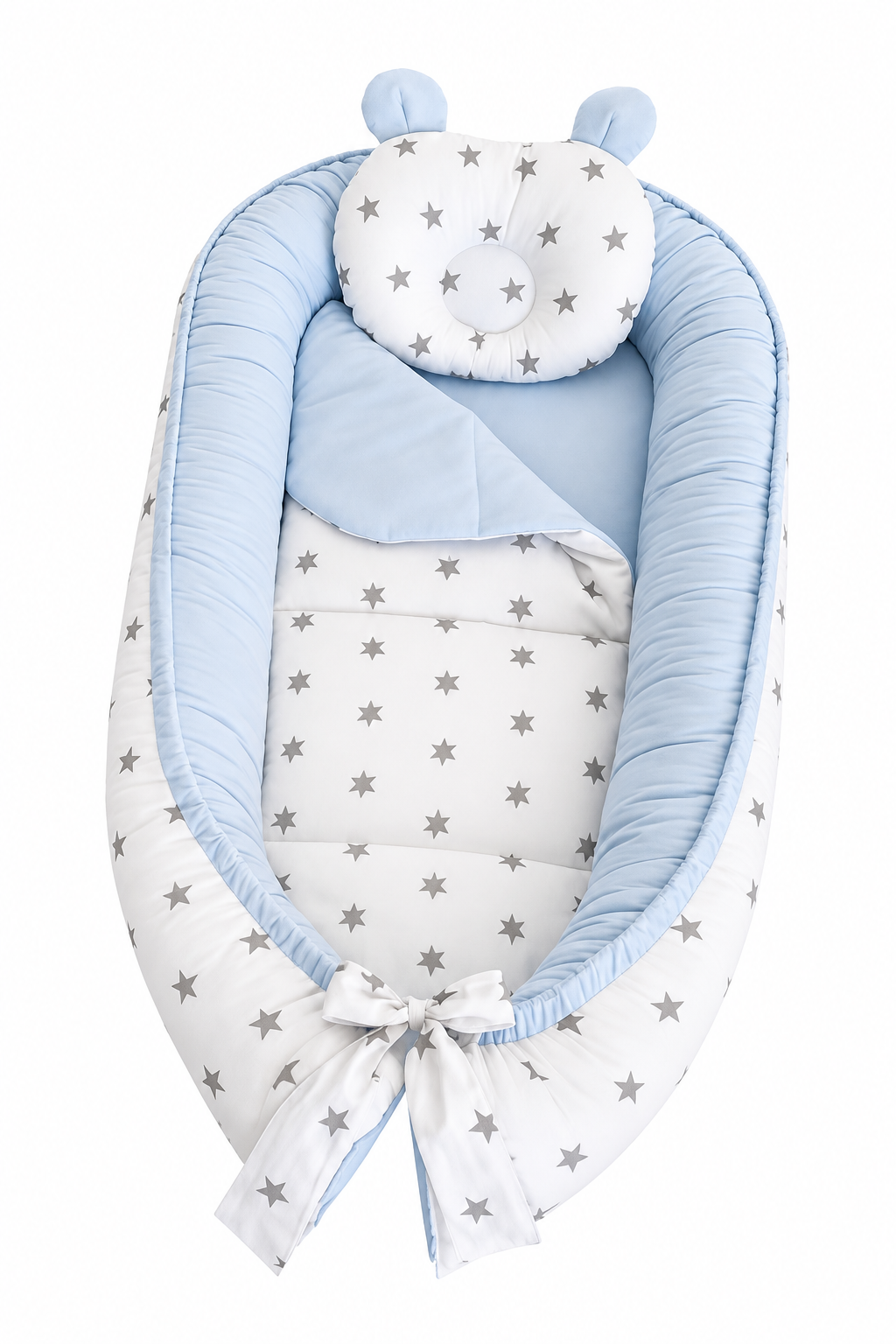 Jaju Baby Mavi - Gri Yıldızlı Lüx Ortopedik Babynest Anne Yanı Portatif Bebek Yatak