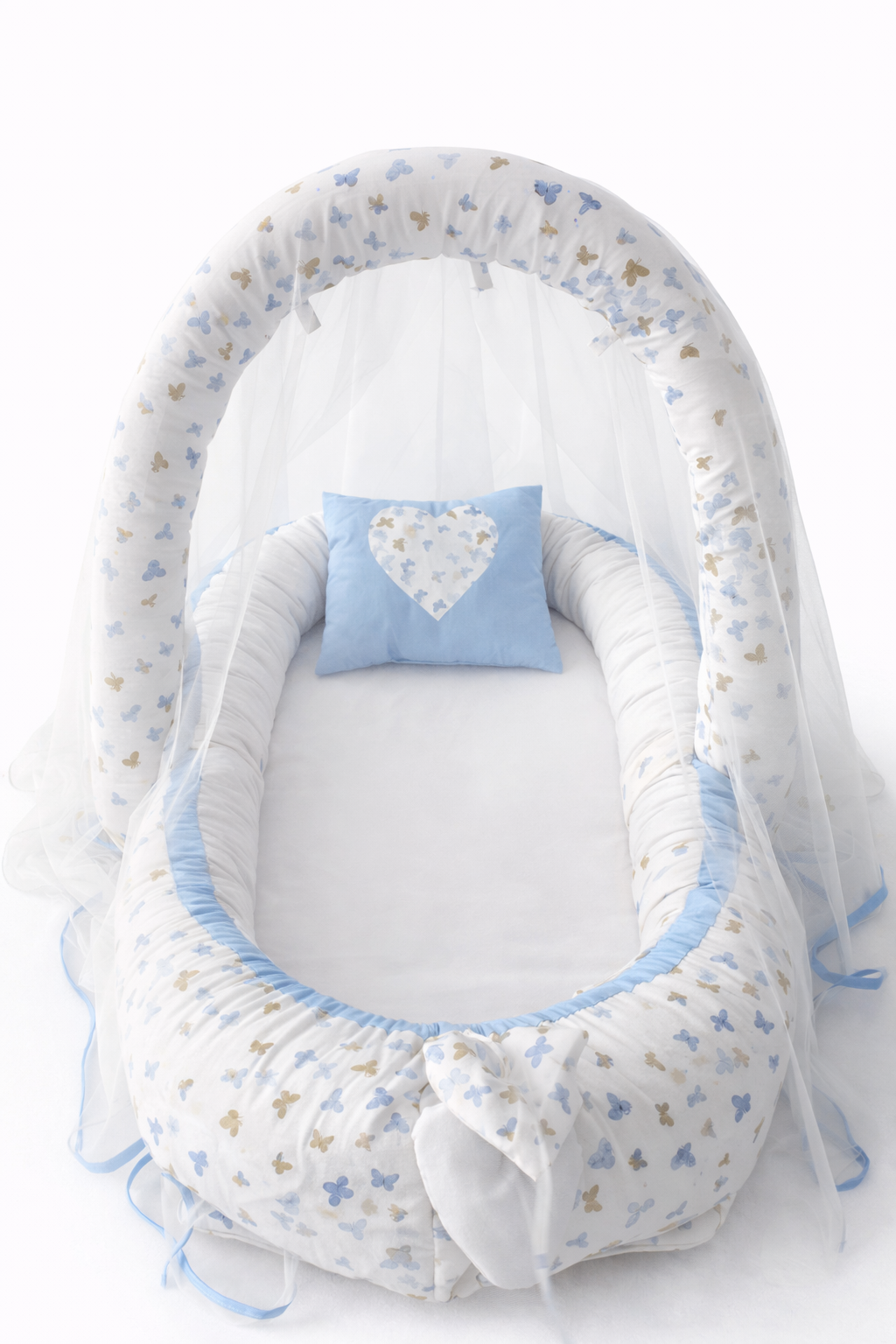 Jaju Baby Mavi Kelebek Desenli Cibinlik ve Oyuncak Askılı Lüx Tasarım Babynest