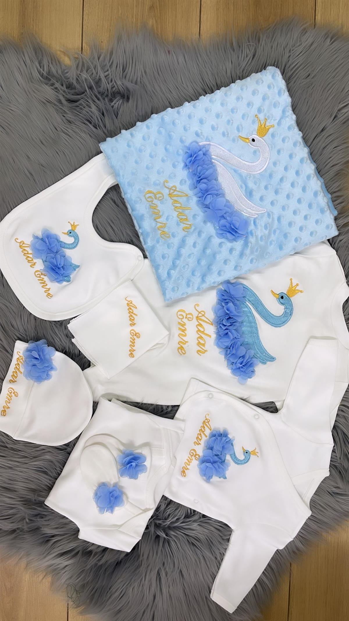 Jaju Baby Mavi Kuğu Nakışlı ve İsim İşlemeli Bebek Yeni Doğan Set