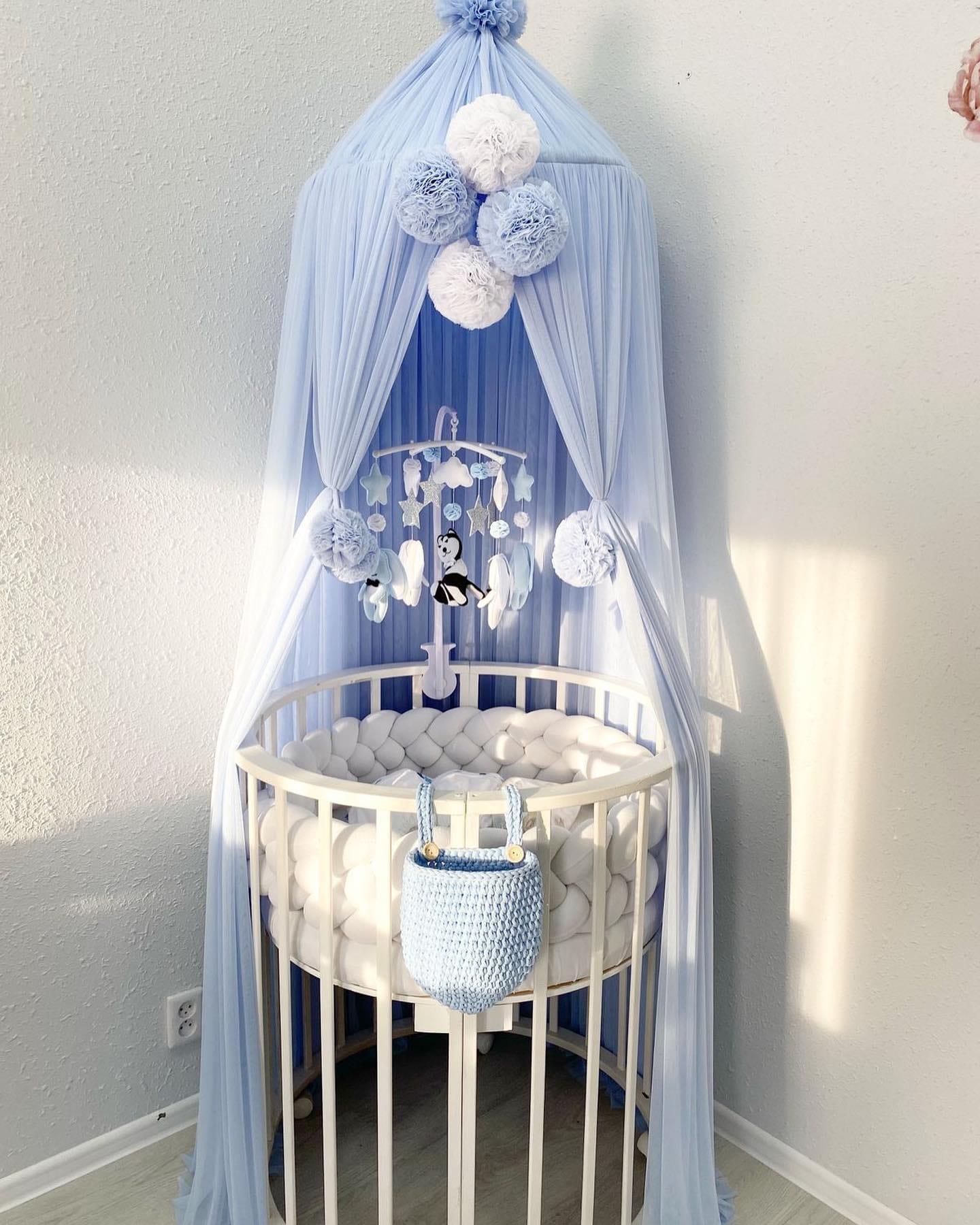 Jaju Baby Mavi Renk Kenarları Ve Üzeri Ponponlu Cibinlik