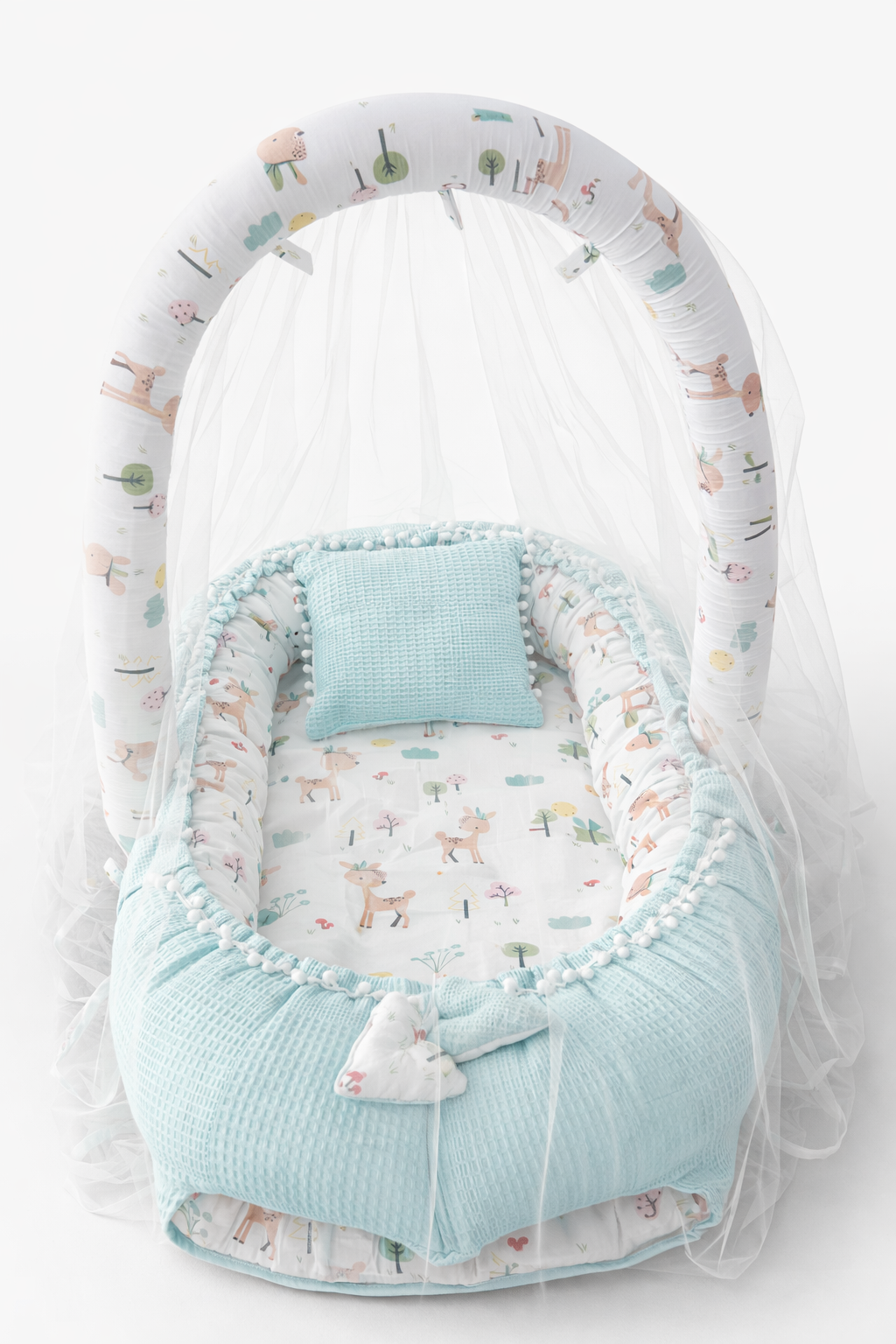 Jaju Baby Mavi Waffle Pike Kumaş Ceylan Tasarım Ponponlu Oyuncak Aparat ve Tül Babynest Set 