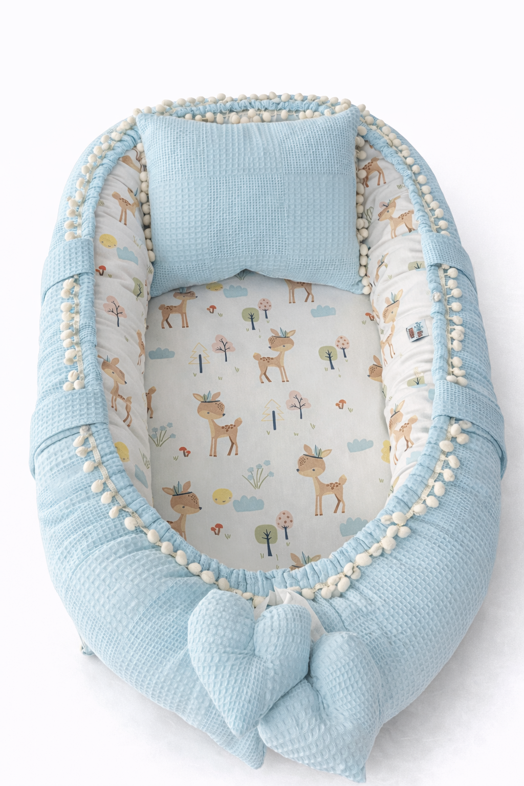 Jaju Baby Mavi Waffle Pike Kumaş Geyik Tasarım Ponponlu Babynest