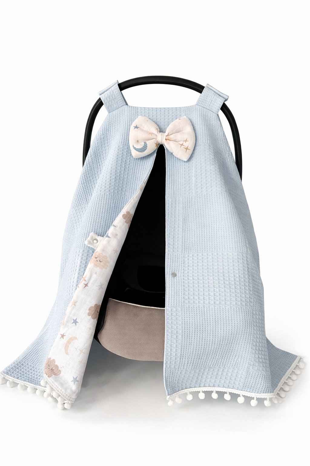 Jaju Baby Mavi Waffle Pike ve Müslin Tasarım Ponponlu Puset Örtüsü