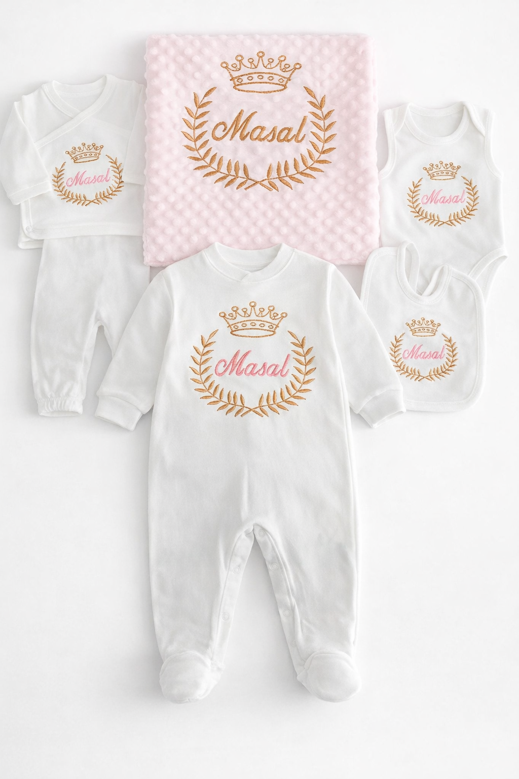 Jaju Baby Melek Kanadı Nakışlı ve İsim İşlemeli Bebek Pembe Yeni Doğan Set