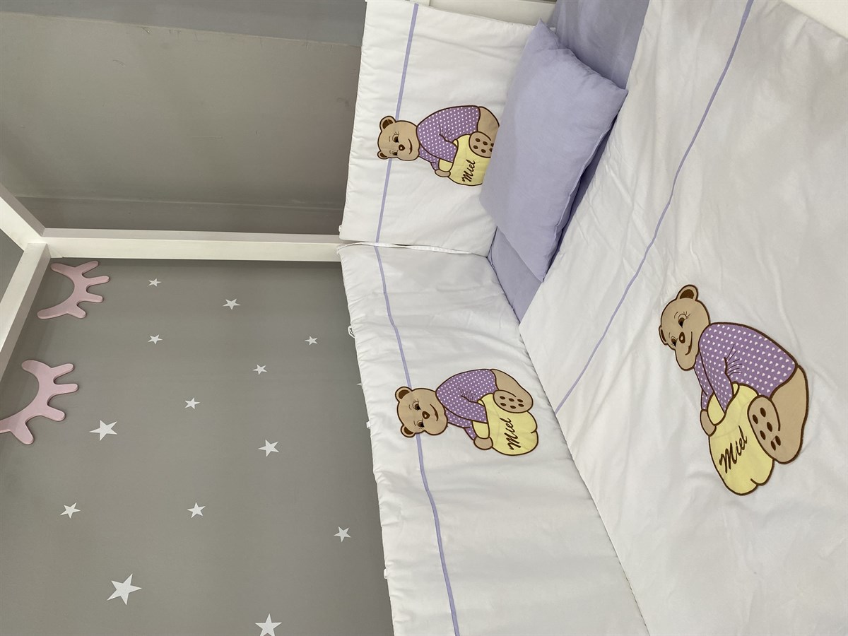 Jaju Baby Mor Ayıcık Desenli 60x120 Bebek Nevresim Takımı ve Kenar Koruma