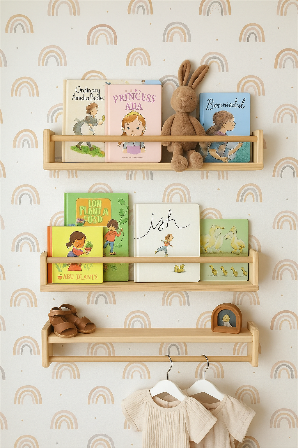 Jaju Baby Naturel 50 cm Çocuk Odası 3`Lü Montessori Kitaplık Raf Mobilya