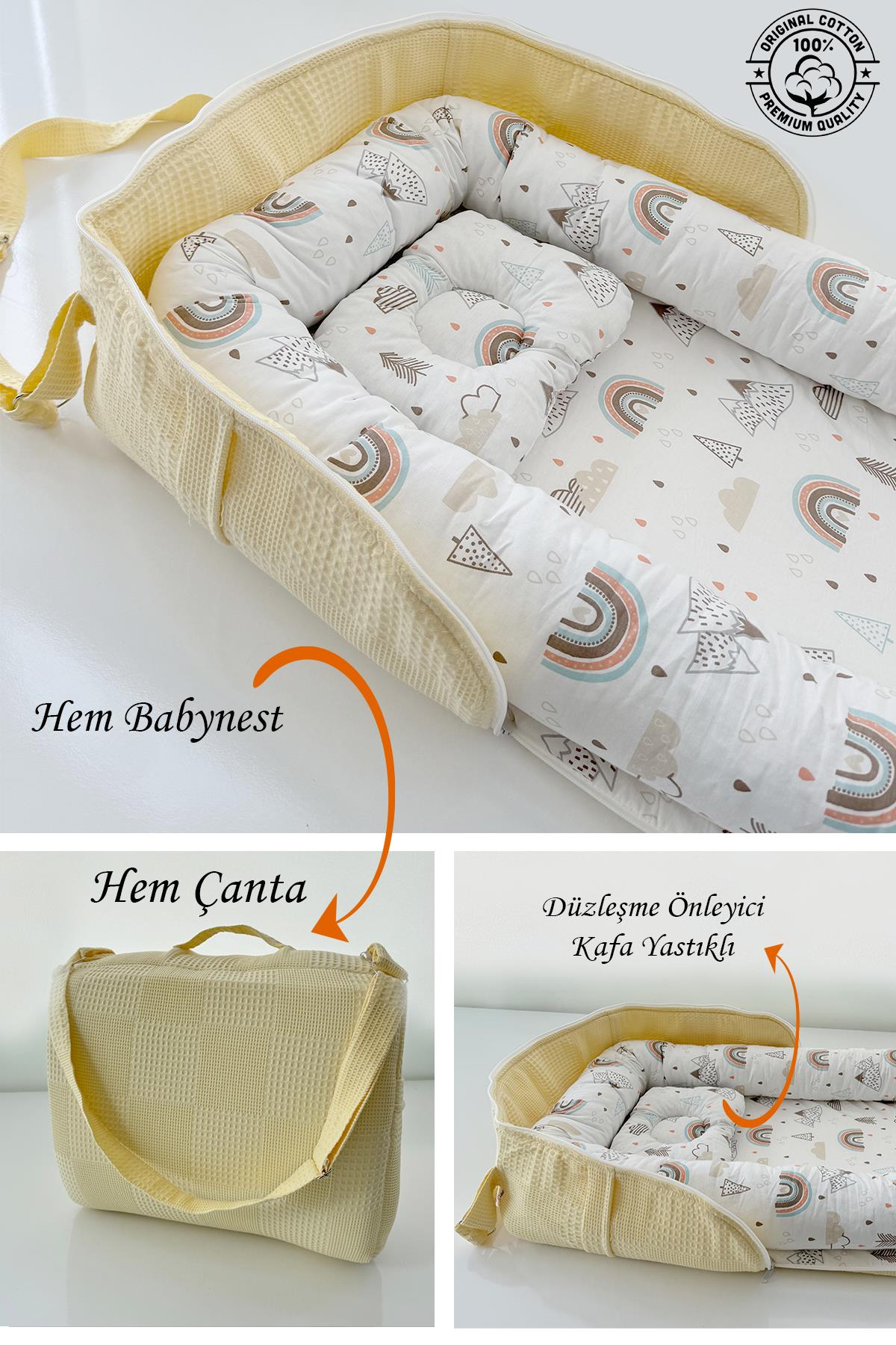 Jaju Baby Nest Çantalı Babynest Taşınabilir Anne Yanı Dağlı Sarı Pike Babynest