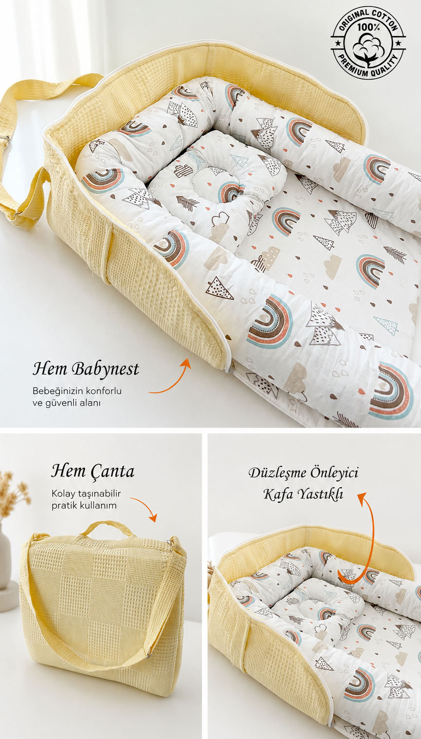 Jaju Baby Nest Çantalı Babynest Taşınabilir Anne Yanı Dağlı Sarı Pike Babynest