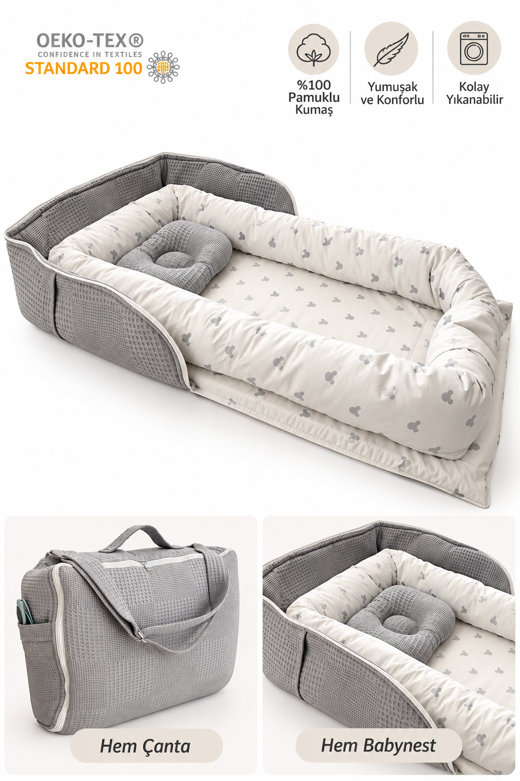 Jaju Baby Nest Gri Waffle Micky Desenli Çantalı Babynest Bebek Çantası Taşınabilir Anne Yanı Yatağı