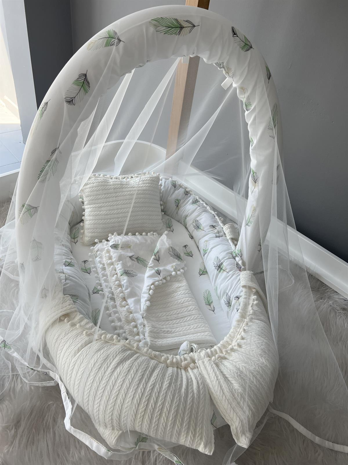 Jaju Baby Nest Örgü kumaş Tüy Desenli Cibinlik Tüllü Babynest ve Bebek Battaniye Set