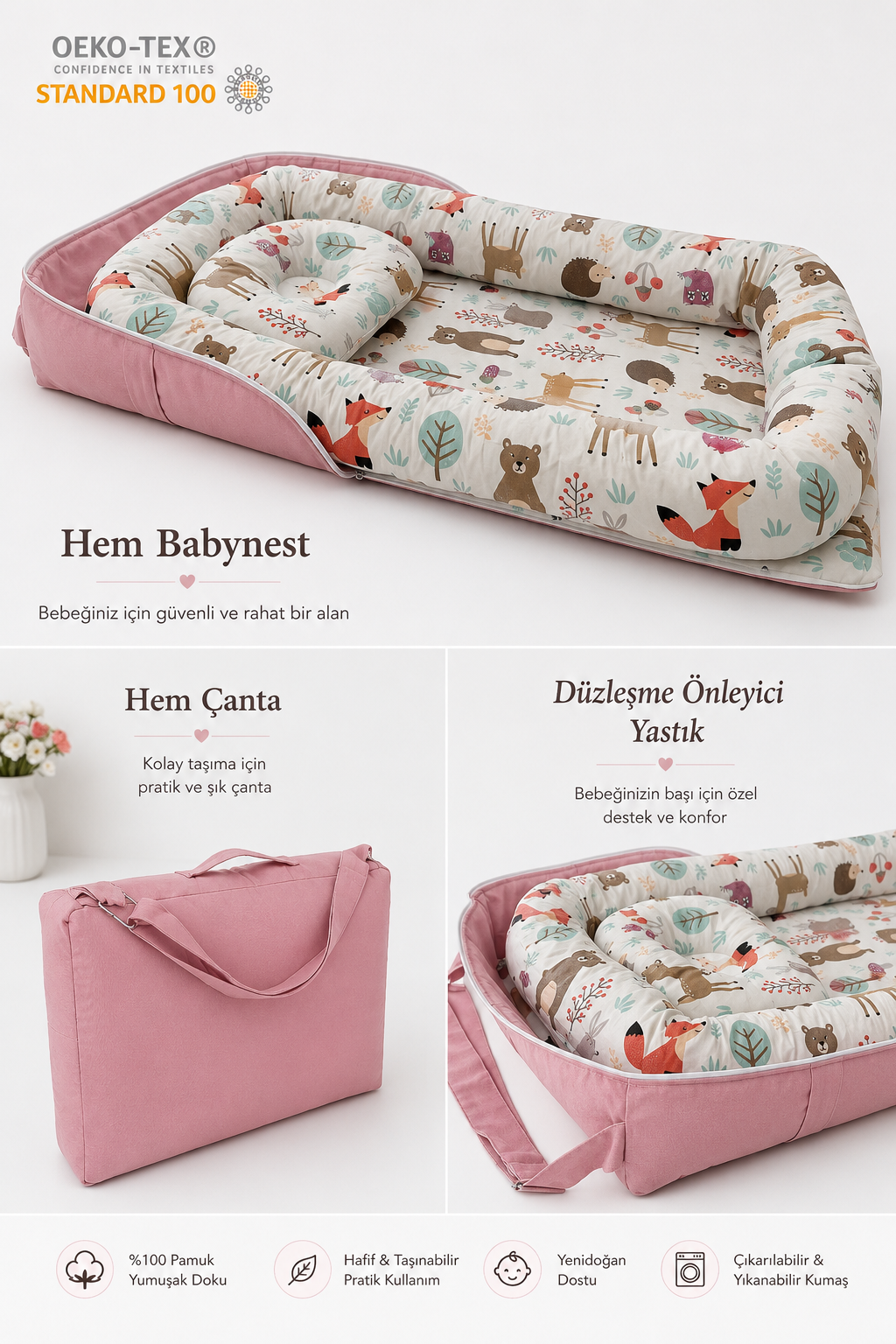 Jaju Baby Nest Pembe Orman Desenli Çantalı Babynest Bebek Çantası Taşınabilir Anne Yanı Yatağı