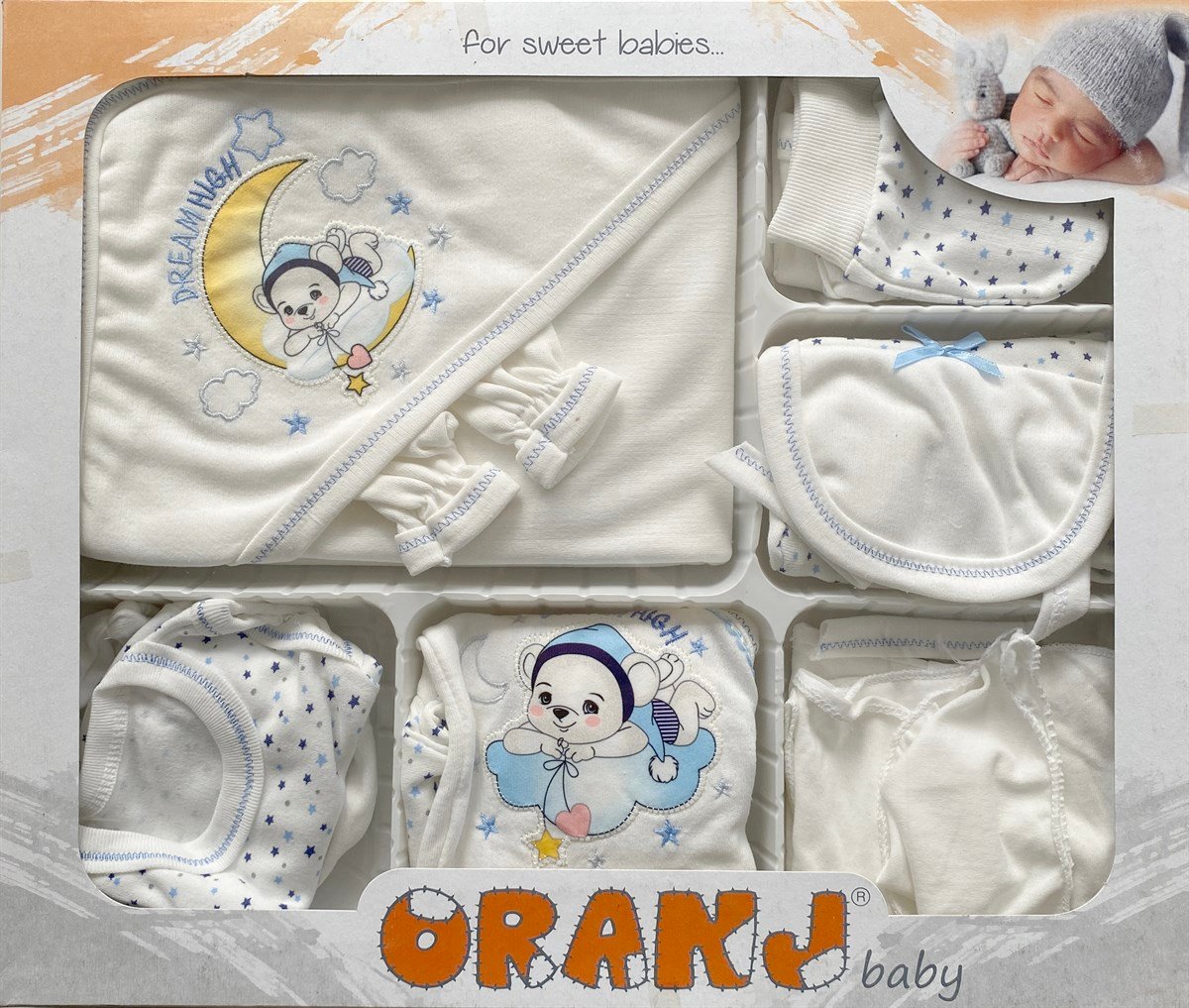 Jaju Baby Oranj Sarı Ay Mavi Yıldızlar 11 Parça Hastane Çıkış Seti
